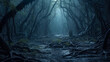 Scary dark wood, spooky crooked trees and roots in dark fairy forest, generative AI