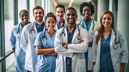 Group of smiling doctors, medical workers in uniform stand in hospital, generative AI