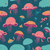 Fototapeta Dinusie - Seamless Jellyfish Ocean Pattern Tiling