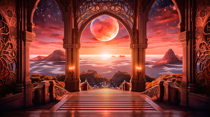 A grand entry way leading to a moonlit sky