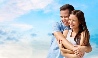 Sticker - Happy beautiful couple on beach. Have fun concept