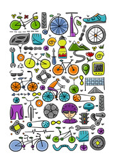 Fototapete - Bicycle time. Types of bicycles, tools and spare parts. Vertical frame for your design - print, cards, t-shirts etc