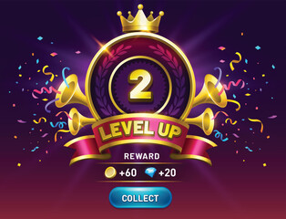 level up game. get reward with collect coins button. vector award shield with wing, ribbon award. in