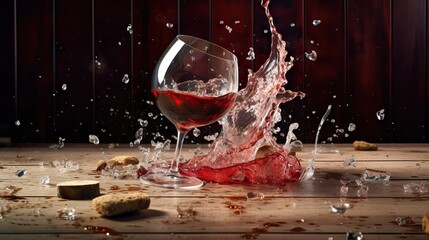 A wine glass shattering on the floor, creating a dramatic moment of surprise and accident. Generative AI