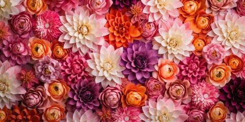 Wall Mural - Flowers wall background with red, orange, pink, purple, green and white lotus flowers,ai generated