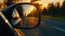 Sunset In The Rear View Of The Car, Generative AI