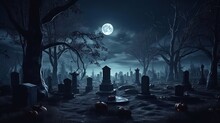 A Spooky Cemetery Illuminated By The Full Moon At Night. Generative Ai
