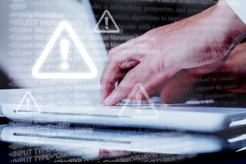 Poster - Cyber security. Man works on computer with alert sign