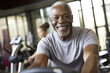 © Ladanifer - Happy senior fit african man exercising in gym. Generative AI.