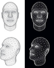 Set of two wireframe views of a human head at different angles on white and black background. Vector Illustration