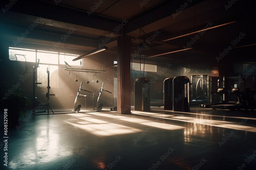Equipment And Machines At The Modern Gym Room Fitness Center. interior with equipment. bodybuilding concept background. Crossfit .functional training. Practicing powerlifting. Generative AI