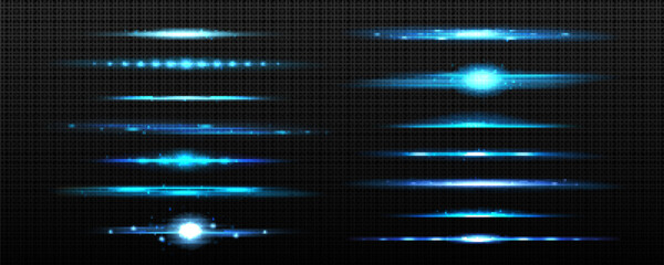 Wall Mural - Horizontal blue sparkle light glow line divider vector. Transparent flare beam effect with neon laser explosion. Isolated bright speed energy motion shiny overlay with glitter and blur collection.