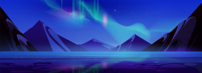 Wall Mural - aurora light in sky mountain sea view background. night northern vector landscape illustration with 