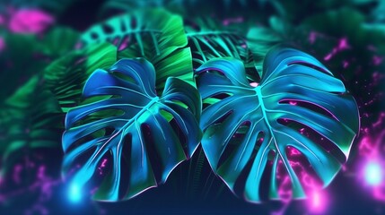 Poster - Green leaves on a blue background. Generative ai