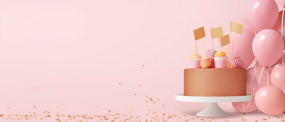 Wall Mural - Celebration-themed cake and balloons on pink background, web banner, space for text, generative ai