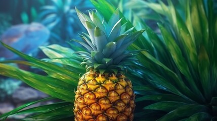  A ripe pineapple set against a bright blue background. Generative ai