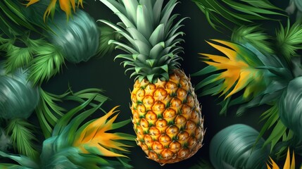  A ripe pineapple with vibrant green and yellow leaves. Generative ai