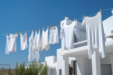 Pure white laundry hung to dry under the clear blue sky, Generative AI