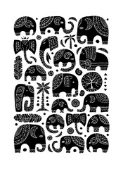 Wall Mural - Elephant family, black silhouette art. Ethnic ornament for your design