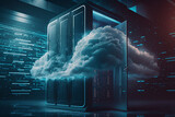 Fototapeta Do pokoju - Beautiful abstract Digital cloud data server with nebula dust. Cloud technology. Cloud computing, big data center, future infrastructure, digital ai concept. Server room data center storage.