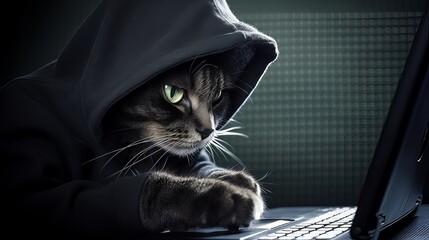 Illustration of Cat hacker with laptop. Generative ai