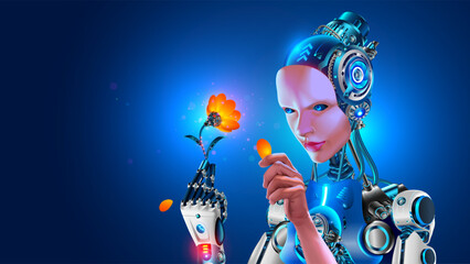 Leinwandbilder - AI learns world. Artificial intelligence in humanoid head take in arm artificial robotic flower. Woman anthropomorphic cyborg or robot. Computer neural network Learning. AI with electronic brain.