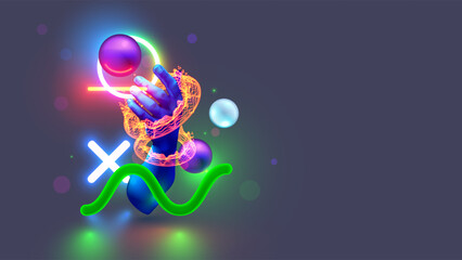 Wall Mural - technology background with abstract digital geometric figures in neon lights. tech future concept ba
