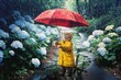 雨に打たれて喜ぶ赤い傘の猫：AI作品
