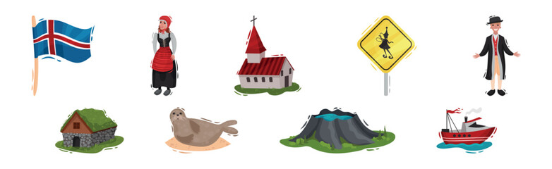 Wall Mural - Norway Travel with Flag, Man and Woman Wear Traditional Dress, Fur Seal, Boat and Church Vector Set