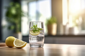 Wall Mural - glass of water with lemon on a table in modern kitchen, ai tools generated image