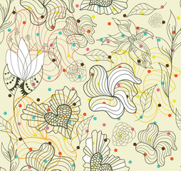 Sticker - Abstract seamless doodle flowers and hearts pattern with dots