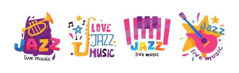 Wall Mural - Bright Jazz Festival and Live Music Concert Label Vector Set