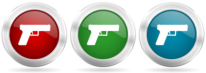 Aufkleber - Pistol, gun, weapon vector icon set. Red, blue and green silver metallic web buttons with chrome border