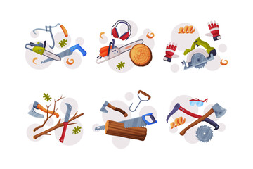 Canvas Print - Wood Chopping Equipment with Axe, Saw, Glove and Branch Vector Set