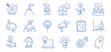 Business Idea, Startup Doodle Line Icon Set. Hand Drawn Doodle Sketch Line Style Business Strategy, Finance Goal Concept. Rocket, Target, Brain Cute Element. Vector Illustration