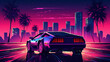 canvas print picture - Retrowave Auto und City, Synthwave, Futuresynth, Outrun im 16:9 Format. Generative Ai.