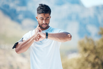 Sticker - Health, smartwatch and athlete training heart rate for outdoor sports, marathon or cardio strength with mountain exercise. Fitness, watch and young man or runner on a hike workout for wellness