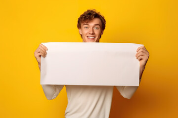 Poster - A young man holding a blank white sign on yellow background. Copy-space, place for text. Generative AI.