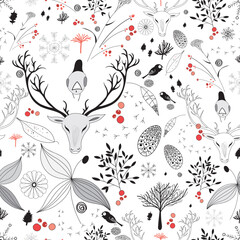 Sticker - seamless pattern with deer and birds on a white background