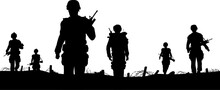 Editable Vector Foreground Of Silhouettes Of Walking Soldiers On Patrol With Figures As Separate Elements