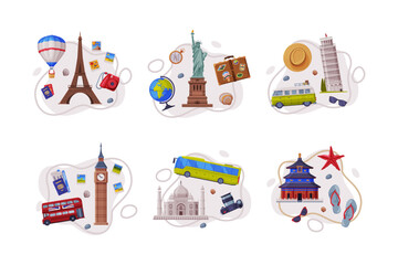 Sticker - Travel and Tourism with Different City Landmark and Objects Vector Composition Set