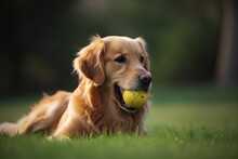 Golden Retriever Playing With A Ball In The Garden. Selective Focus. AI Generated