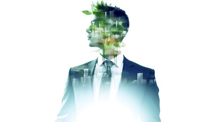 Wall Mural - A layered image of a businessman, urban cityscape, and green foliage elements. The sustainable development and green investing concept in a modern, eco-conscious business world. Generative AI