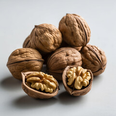 Wall Mural - Walnut kernels and whole walnuts on white background, close up