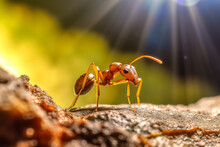 A Red Ant Sits On A Piece Of Wood With A Green Background. Generative AI
