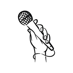 Hand holding microphone hand drawn line art illustration