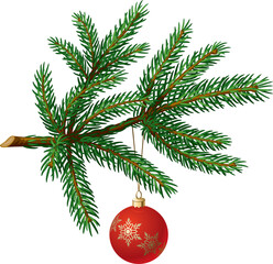 Canvas Print - Pine tree branch with Christmas ball on white background. Vector Illustration