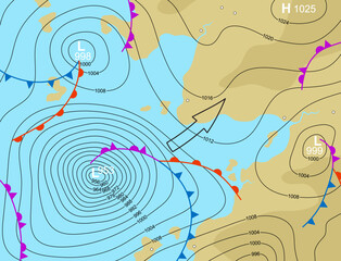 Wall Mural - Editable vector illustration of a generic weather map showing a storm depression