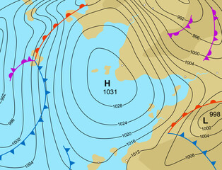 editable vector illustration of a generic weather map showing a high pressure system