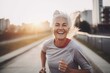 Fitness older woman running outside in the morning. Active healhy lifestyle among seniors. AI Generated.